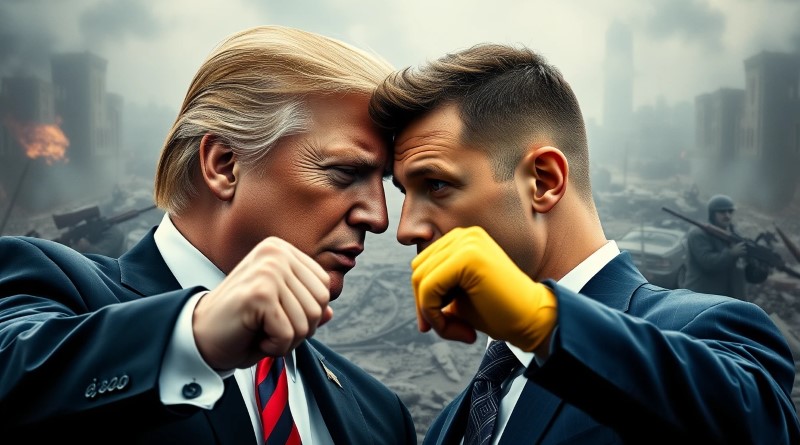 Zelensky and Trump fighting against a backdrop of a wartorn country